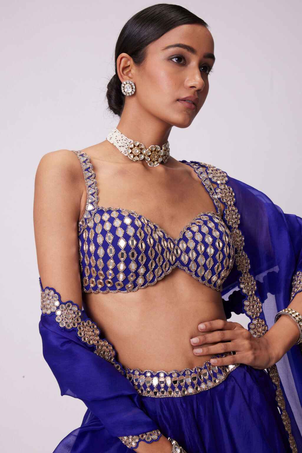 Image of PERSIAN BLUE LINEAR MIRROR EMBROIDERED LEHENGA SET