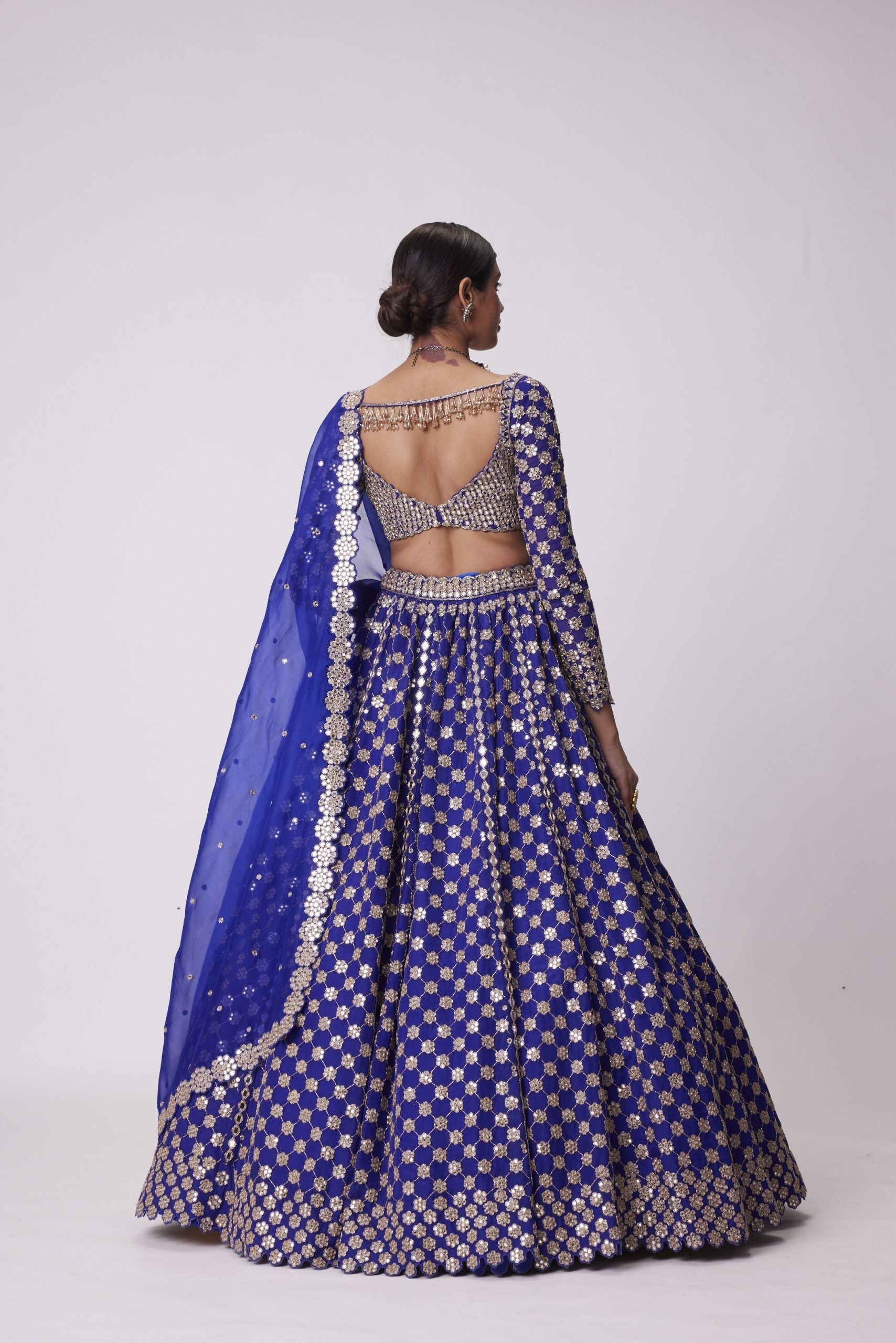 Image of PERSIAN BLUE MIRROR FLOWER HAND EMBROIDERED LEHENGA