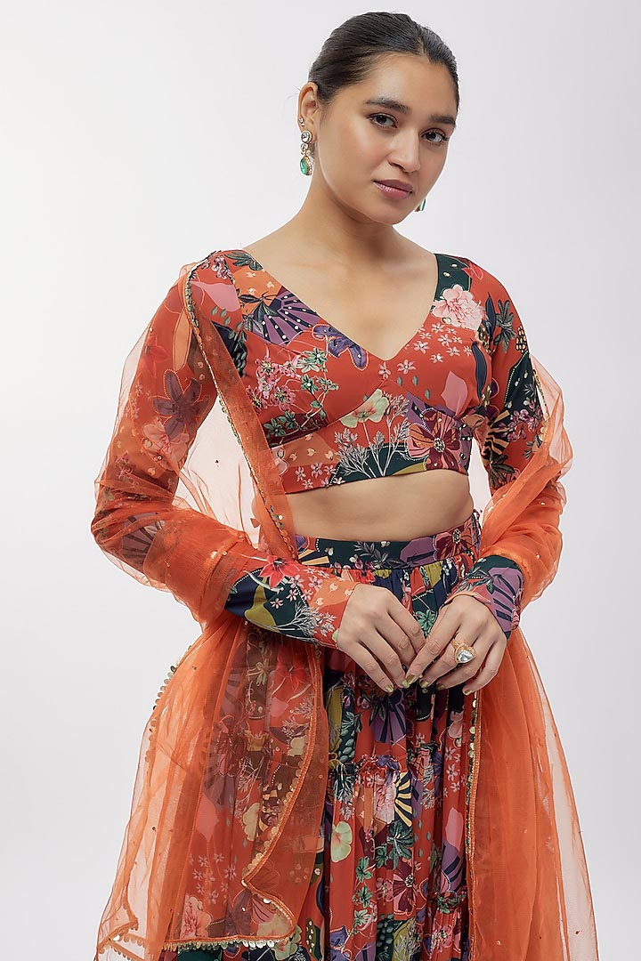 Rust Georgette Digital Printed Lehenga Set