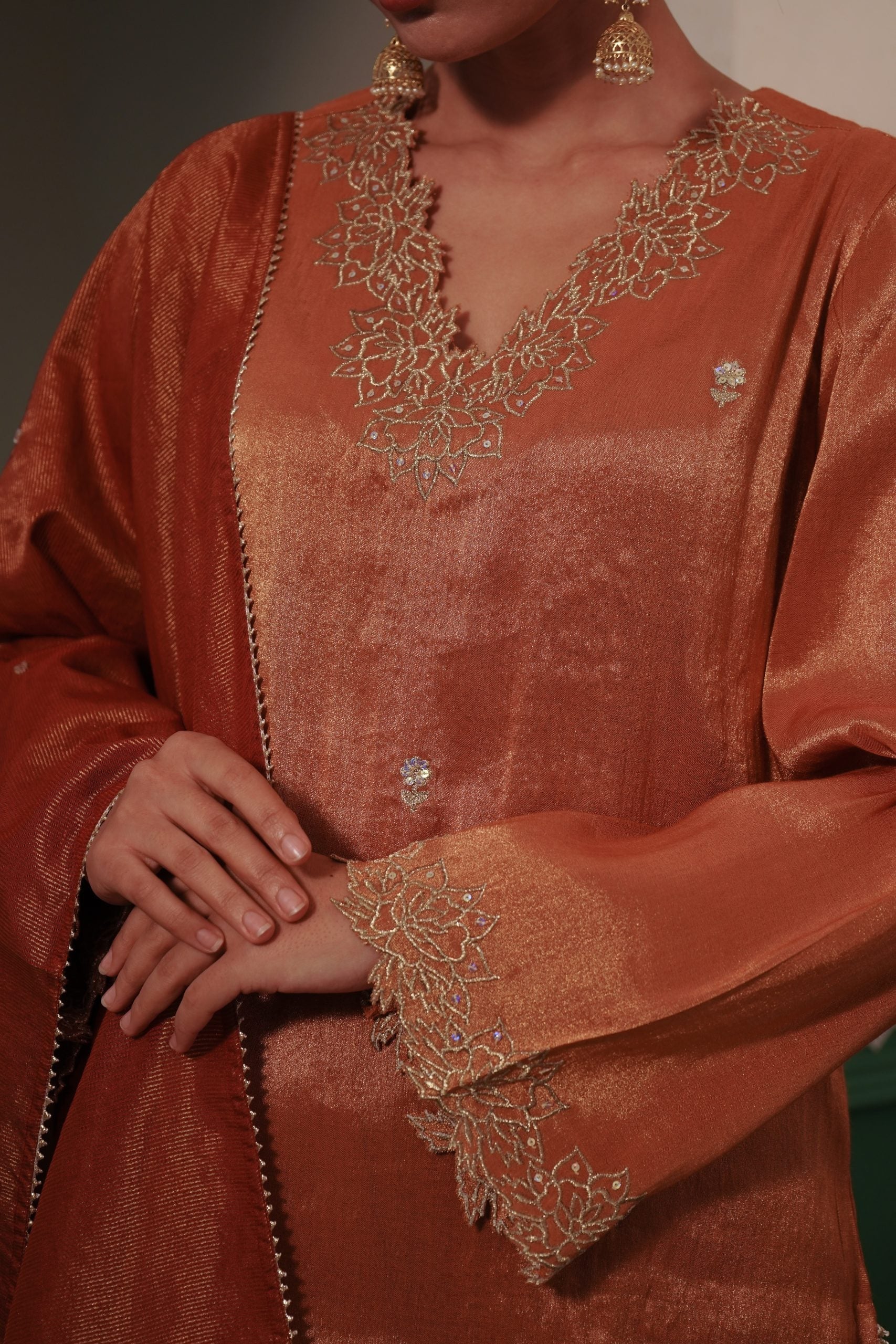 Image of Amber Zari Tissue Kurta and Wide Leg Pants with Zari rose and sequins embroidery for women