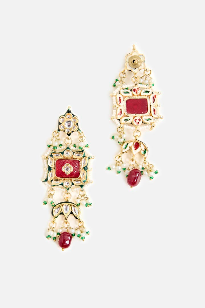 Gold-Tone Choker Necklace & Earring Set with Red Stone and Pearl Detailing