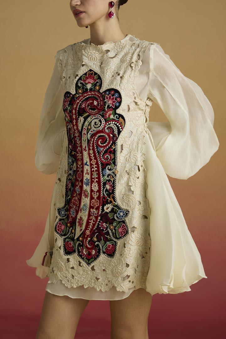 Ivory Cutwork Layered Dress in Chanderi and Silk Organza