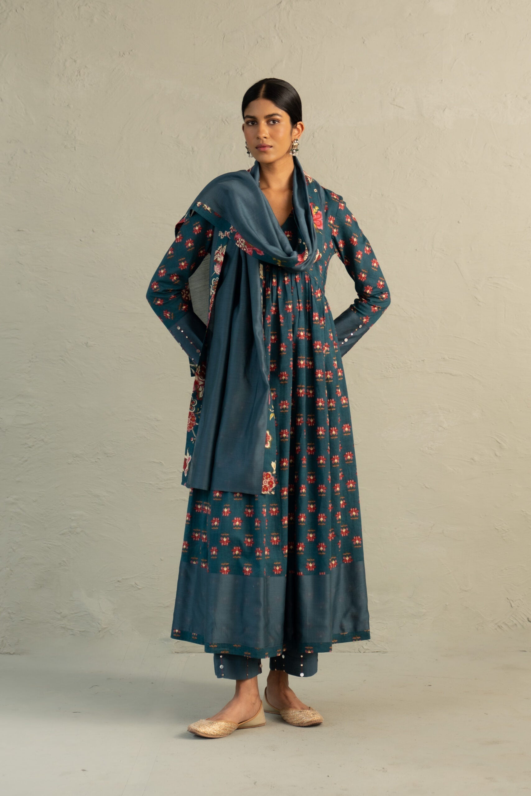 Teal Phool Dori Anarkali Set
