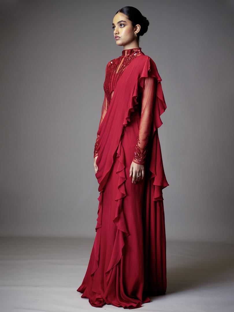 Fuchsia Pink Georgette Sequins 
Hand Embellished Gown Saree