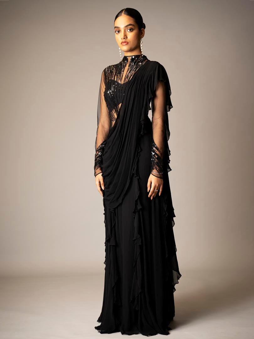 Black Georgette Sequins Hand Embellished Gown Saree