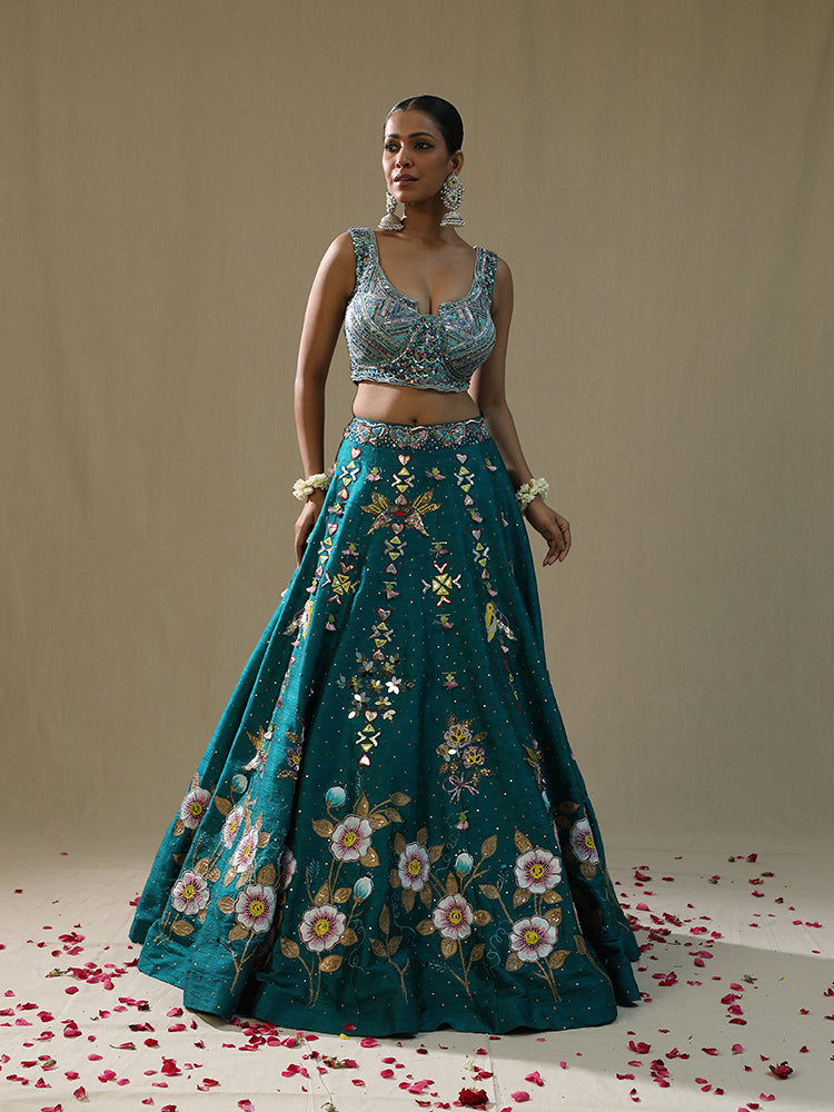 Teal green handpainted Lehnga set