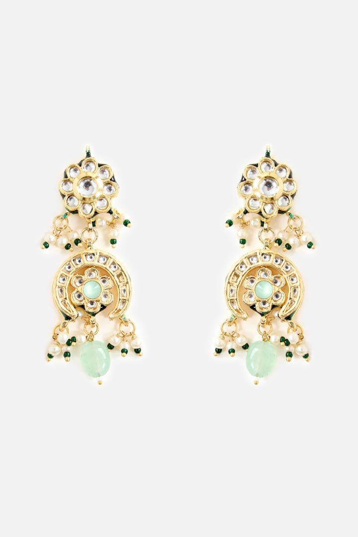 Layered Pearl Necklace & Earring Set with Gold-Tone Motifs and Green Stone Accents
