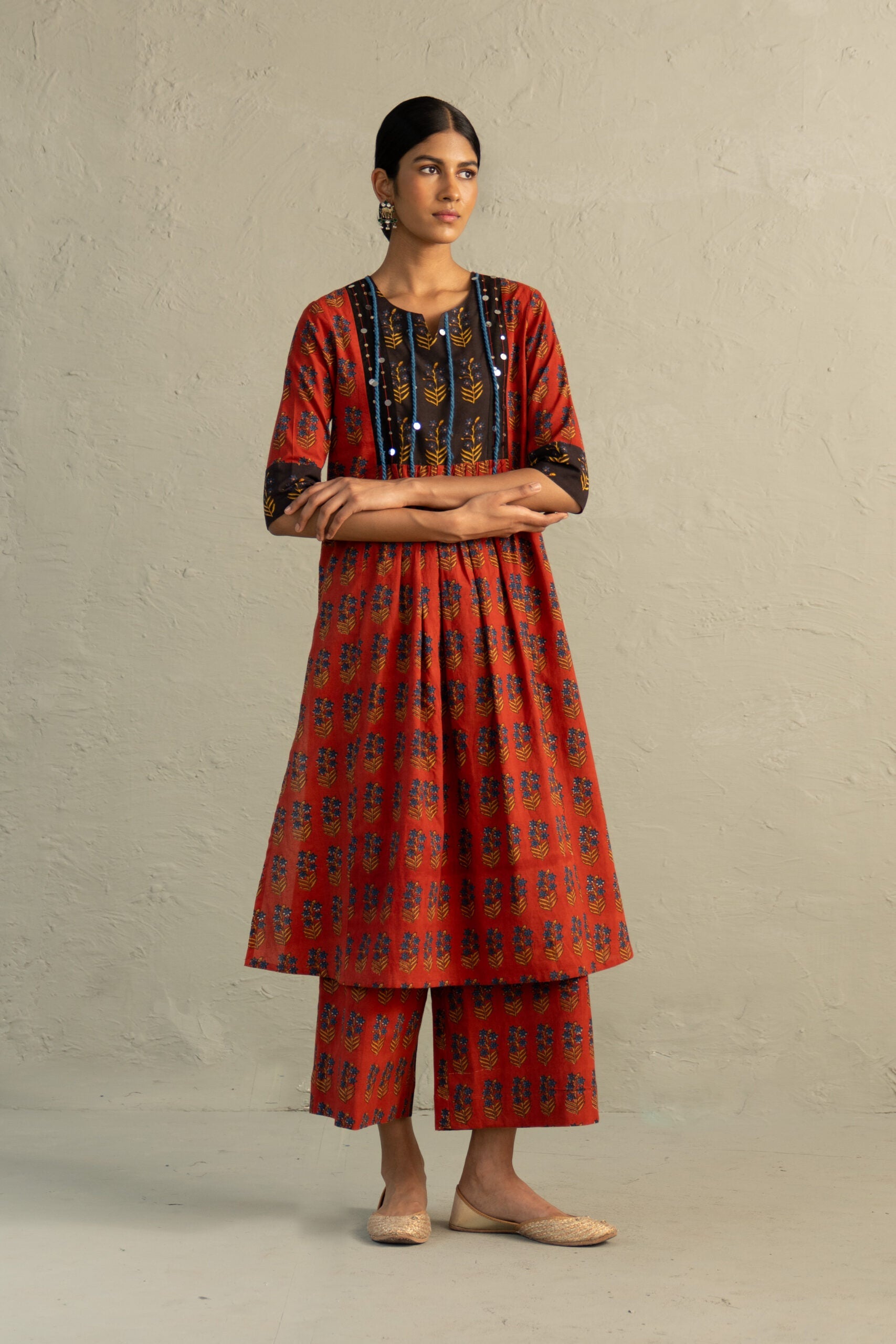 Red Phool Dori Hand Block Kurta Set
