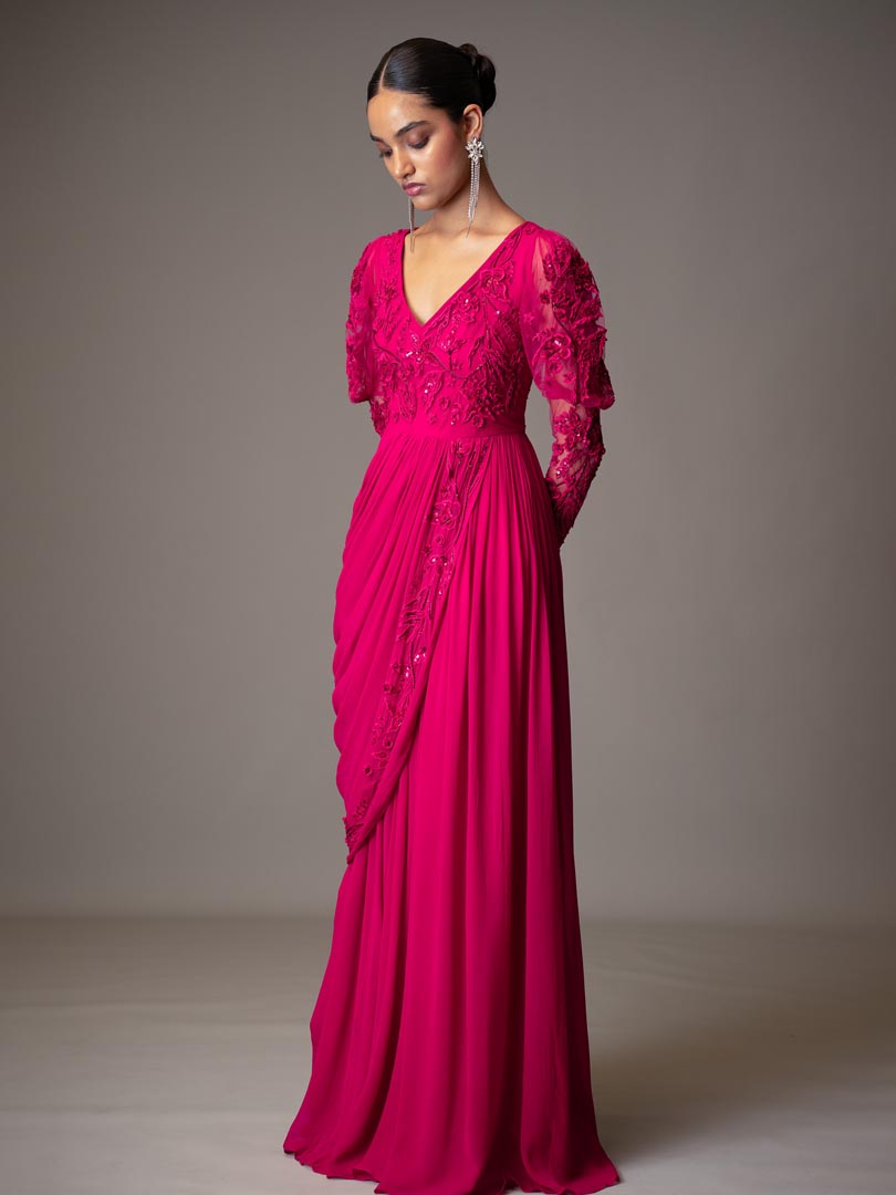 Pink Georgette Bead 3D Embellished
 Gown Saree