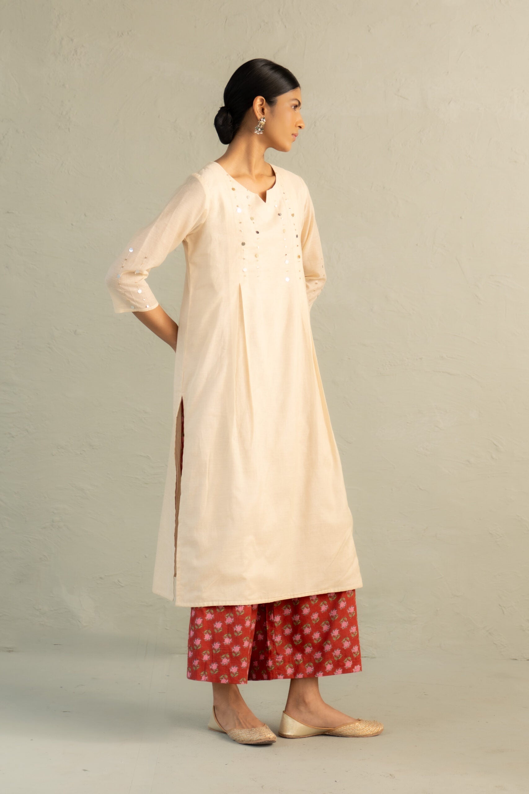 Beige Phool Dori Pleated Kurta Set