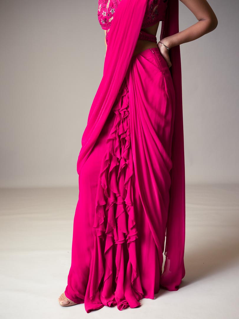 Fuchsia Georgette Ruffled Pre-Draped
 Saree Set