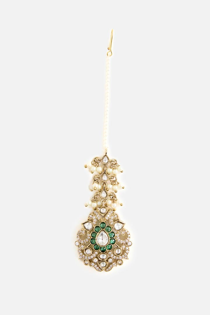 Gold-Plated Green & White Stone Long Necklace Set