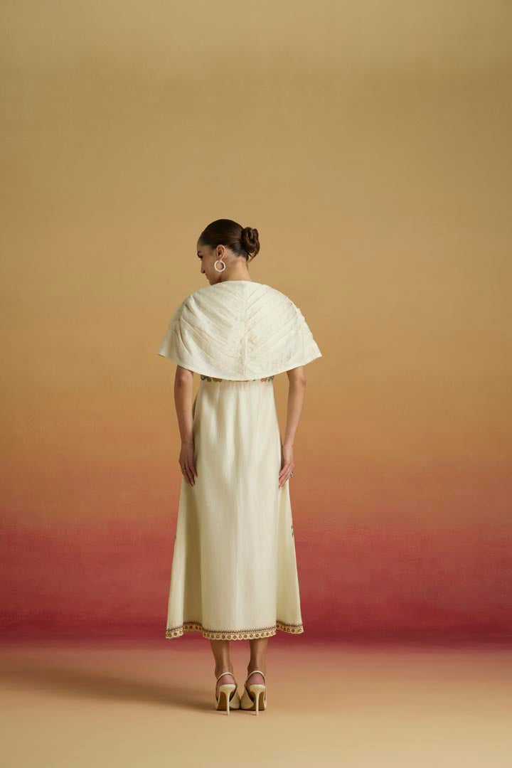 Ivory Chanderi Applique & Beadwork Pleated Midi Dress Luxury Wear