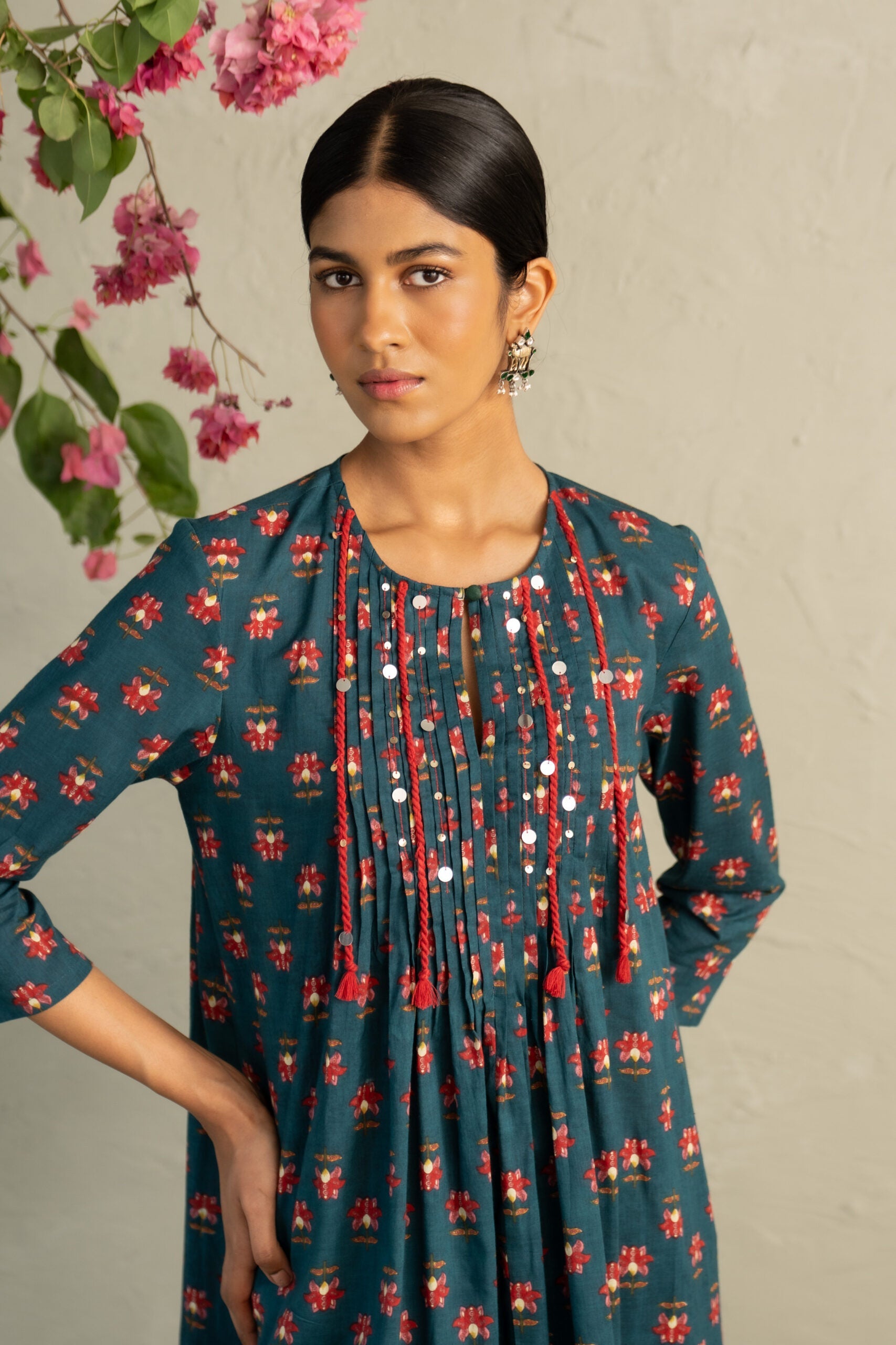 Teal Phool Dori Pintuck Kurta Set