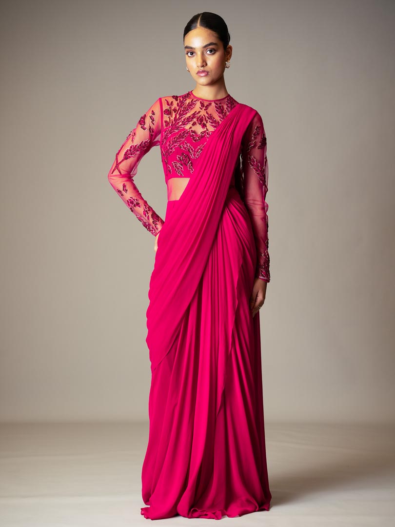 Fuchisa Embellished Saree Gown