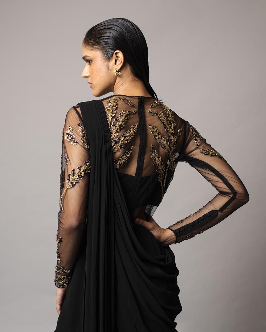 Black Embellished Saree Gown