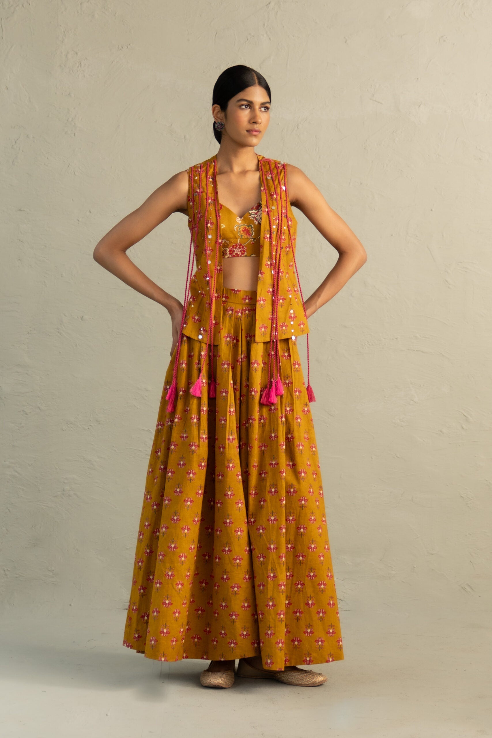 Mustard Phool Dori Coord Skirt Jacket Set
