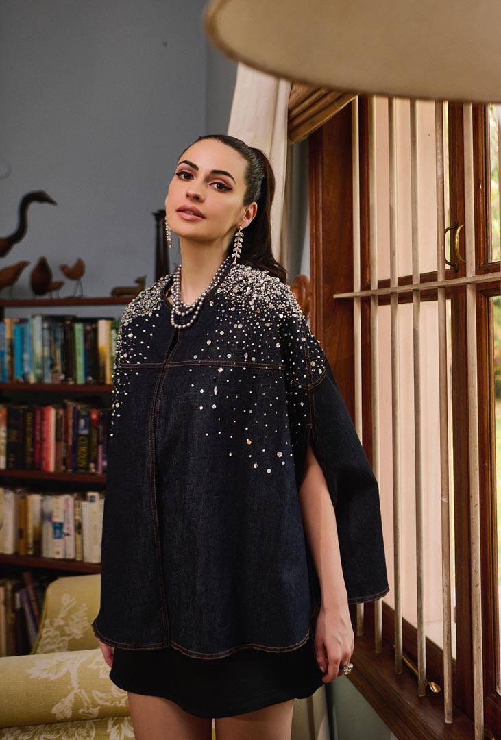 Denim pearl cape