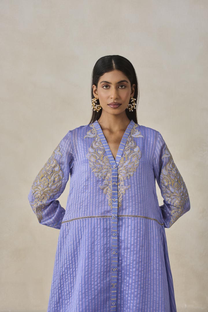 Ink Blue Chanderi Asymmetrical Kurta Set with Gold Embroidery