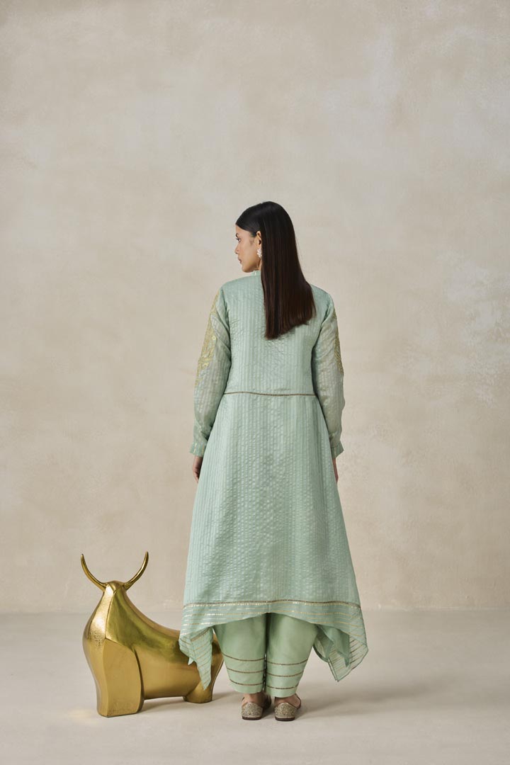 Sage Green Chanderi Asymmetrical Kurta Set - Elegant Festive Wear
