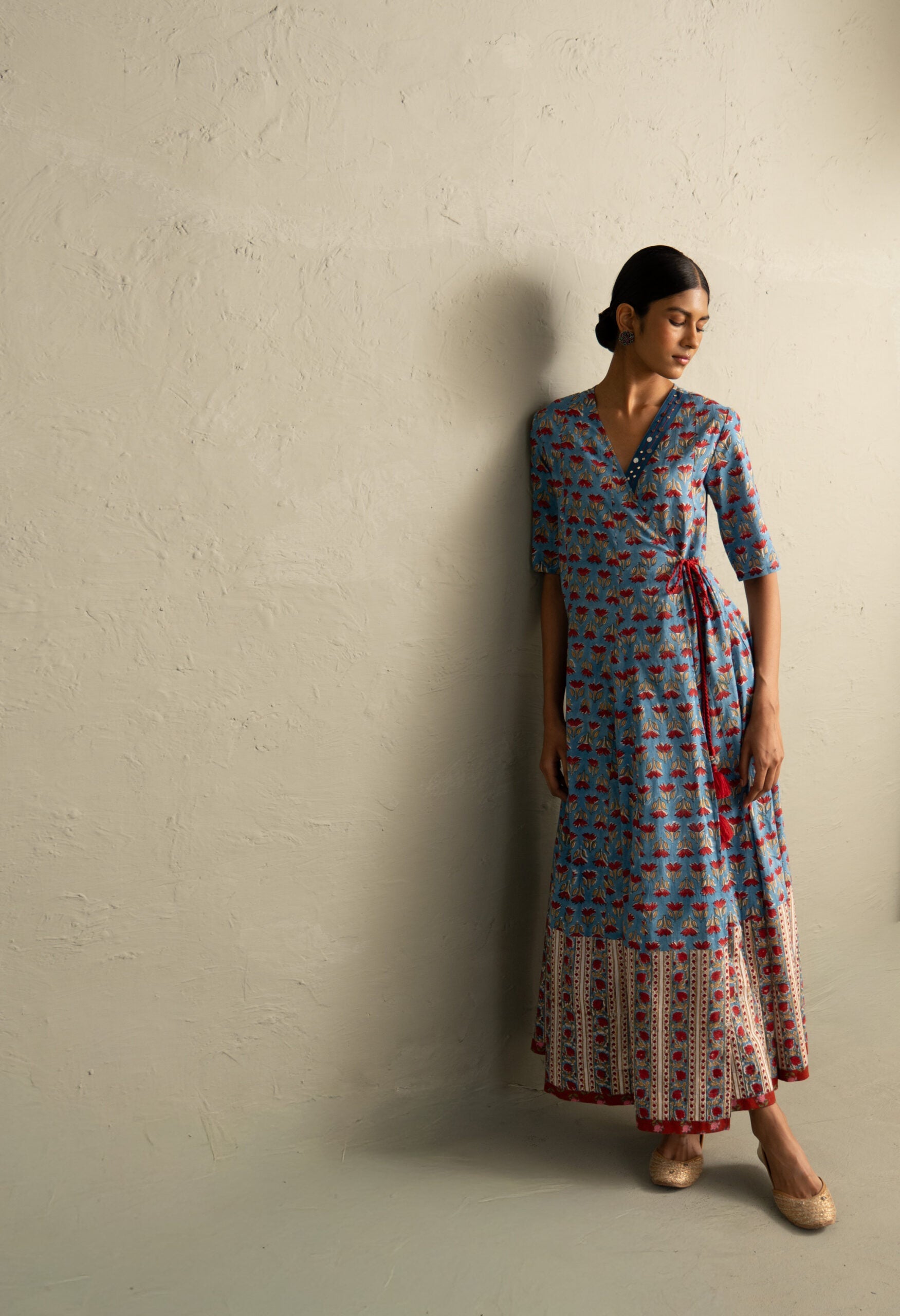 Blue Hand Block Wrap Around Dress