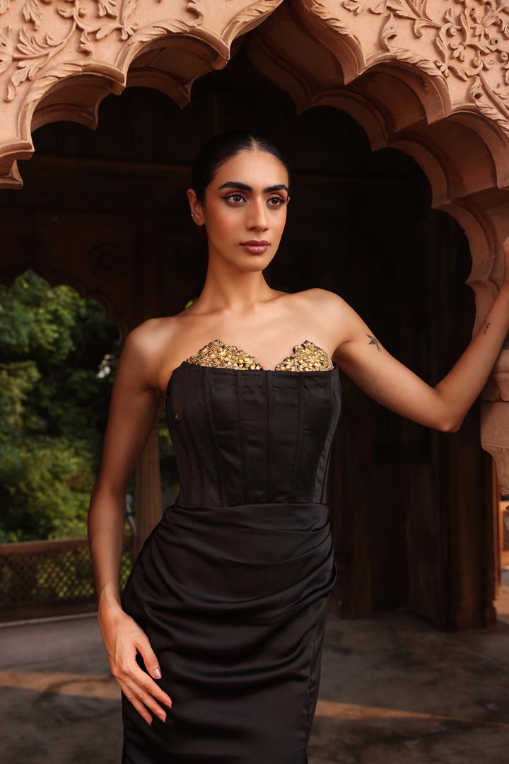 Black corset draped gown