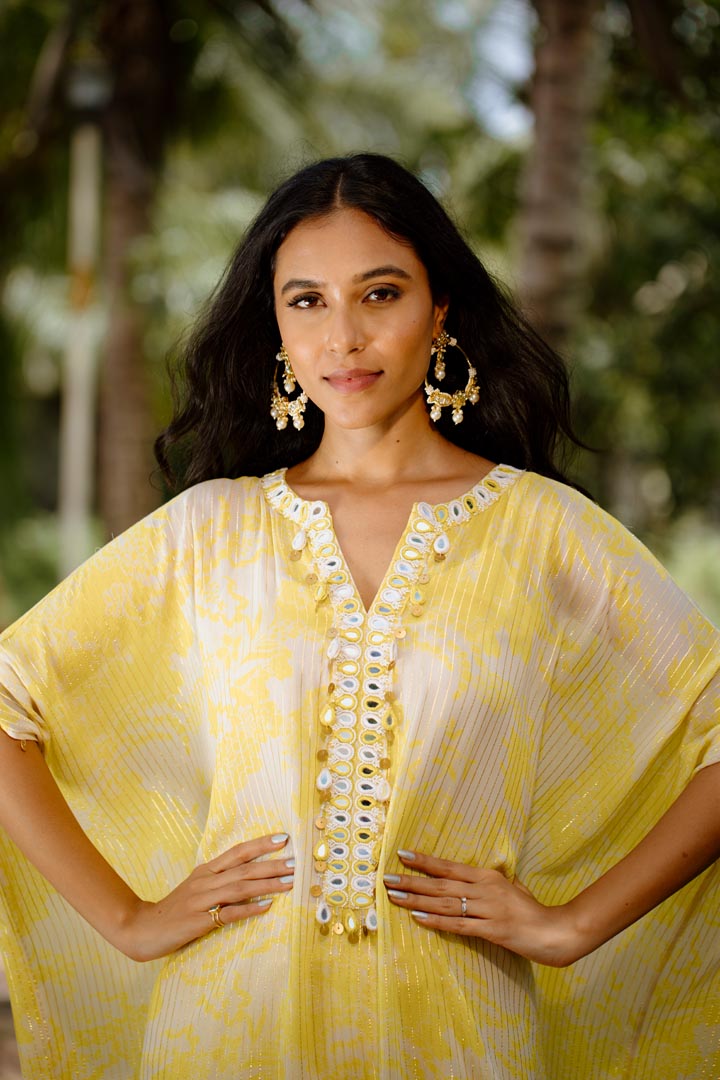 Yellow Viscose Georgette Digital Printed & Embroidered Kaftan Set