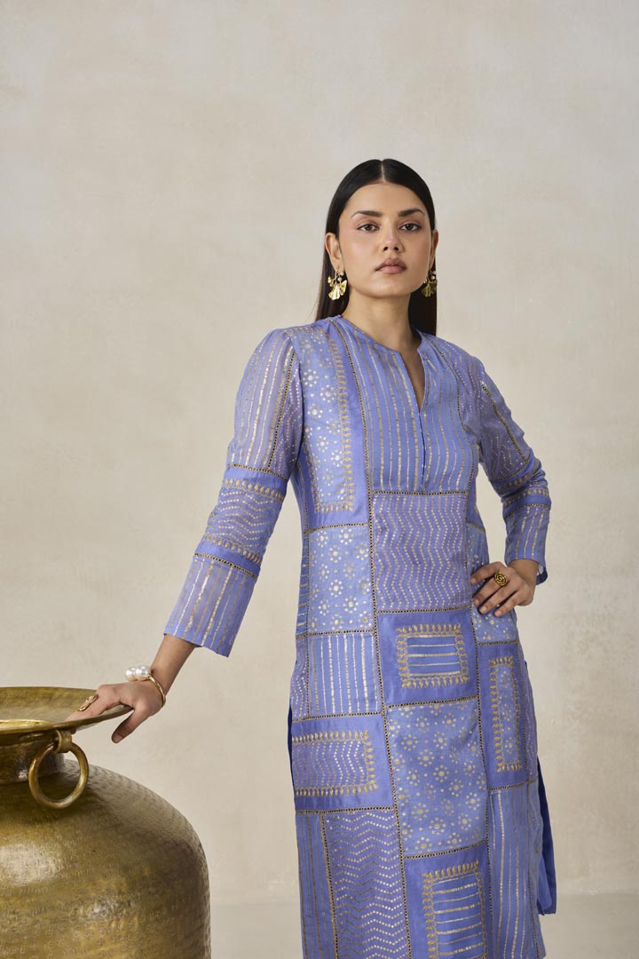 Ink Blue Gold Chanderi Patchwork Kurta Set for Festive Wear