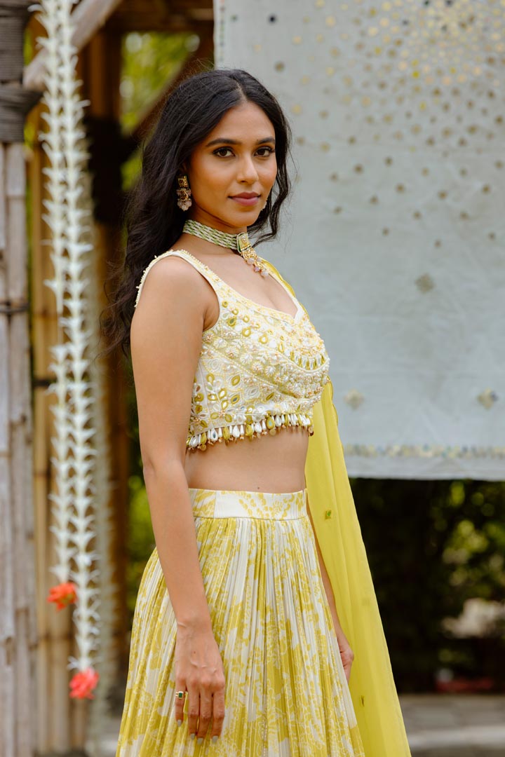 Yellow Viscose Georgette Digital Printed Gathered Lehenga Set