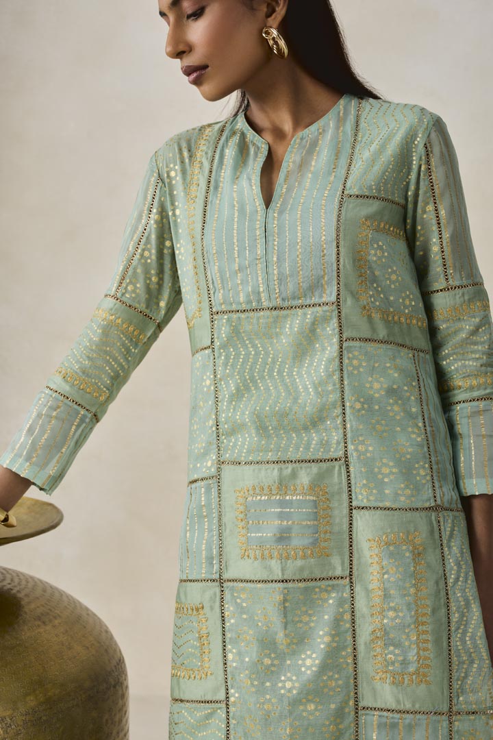Sage Green Gold Chanderi Patchwork Kurta Salwar Set for Women