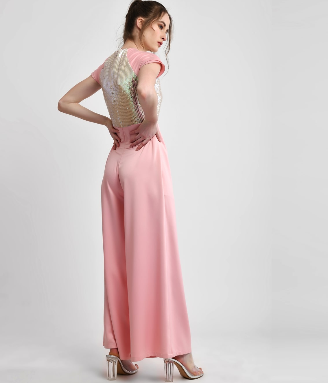 Pink Shimmery Jumpsuit With Petal Sleeve