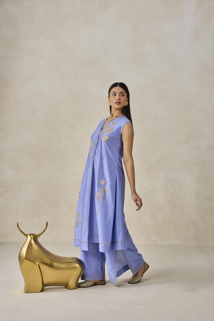 Ink Blue Chanderi Applique Work Kurta Set with Palazzo