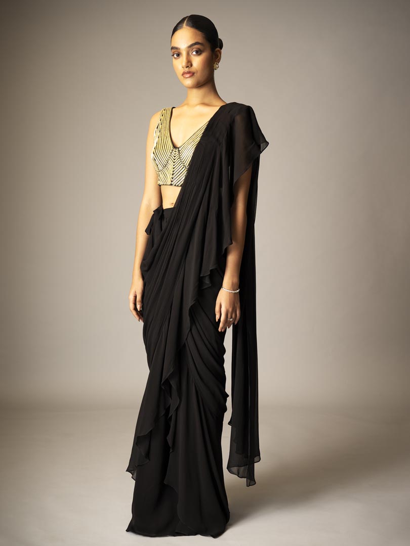 Black pre-draped saree gown
with metallic 3D dori Embellished blouse.