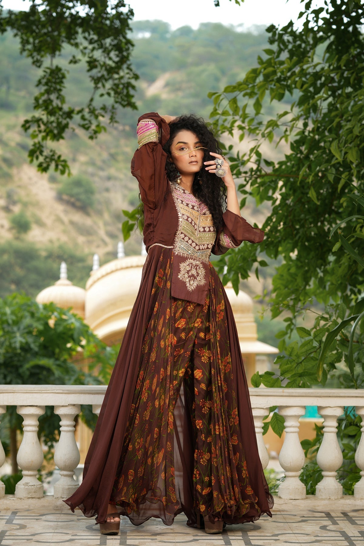 Image of Coco brown rangeen yoke fusion set