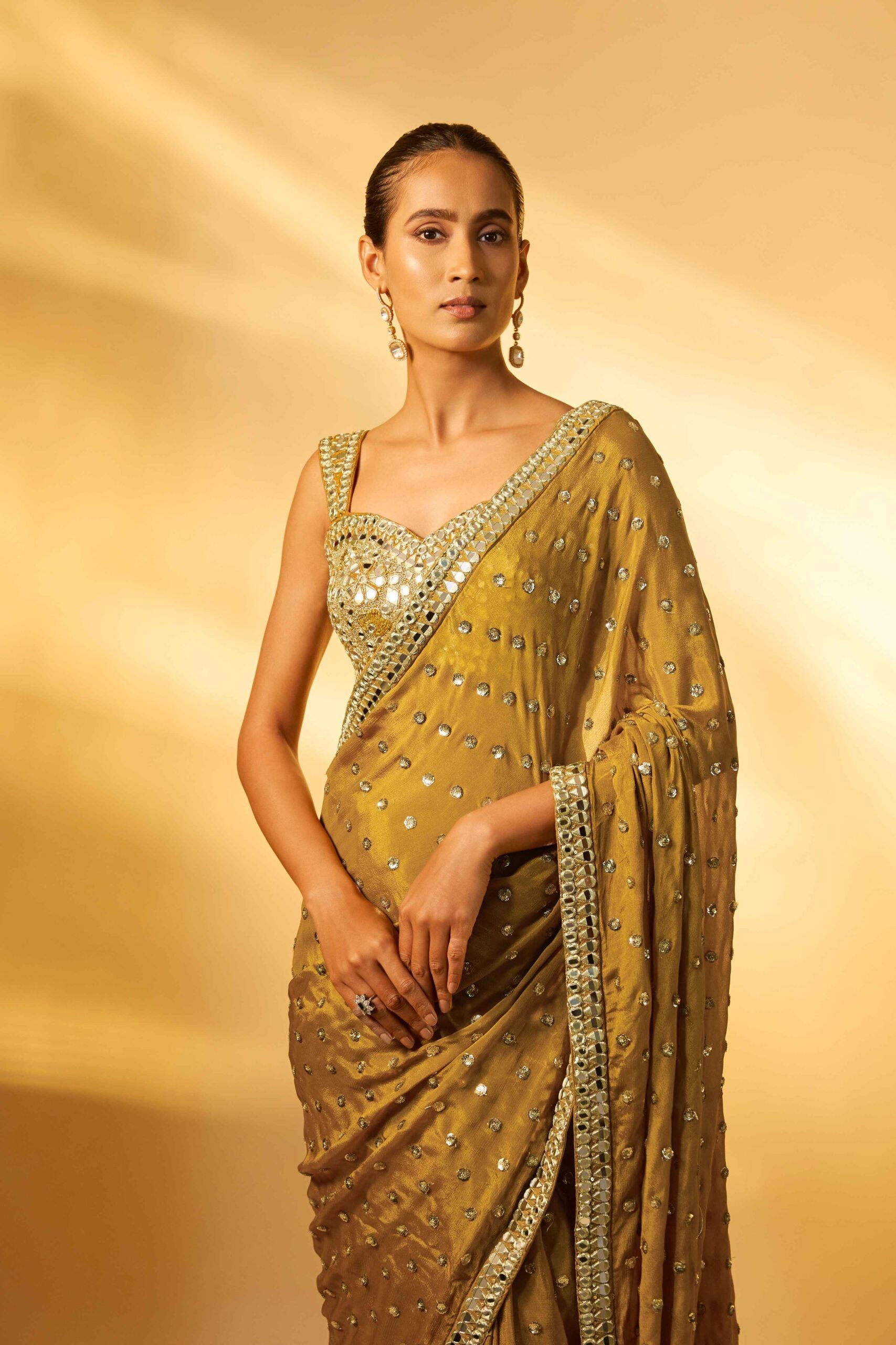GOLD MIRROR & SEQUINS EMBROIDERED SAREE SET