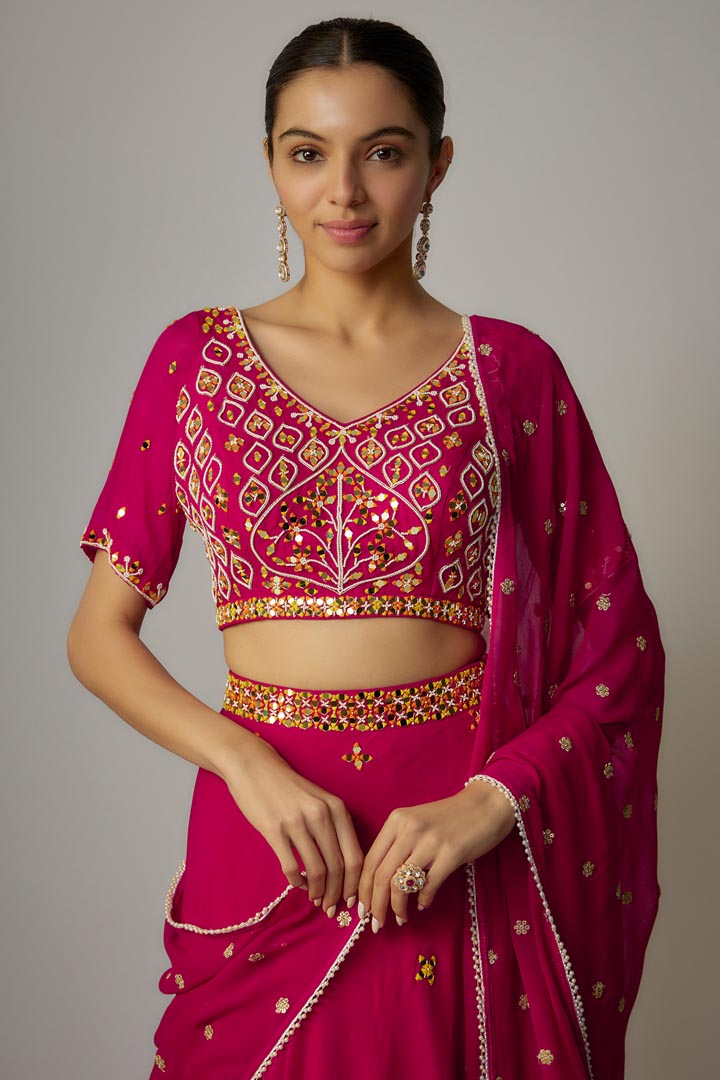 Pink Organza Thread & Mirror Embroidered Lehenga Set