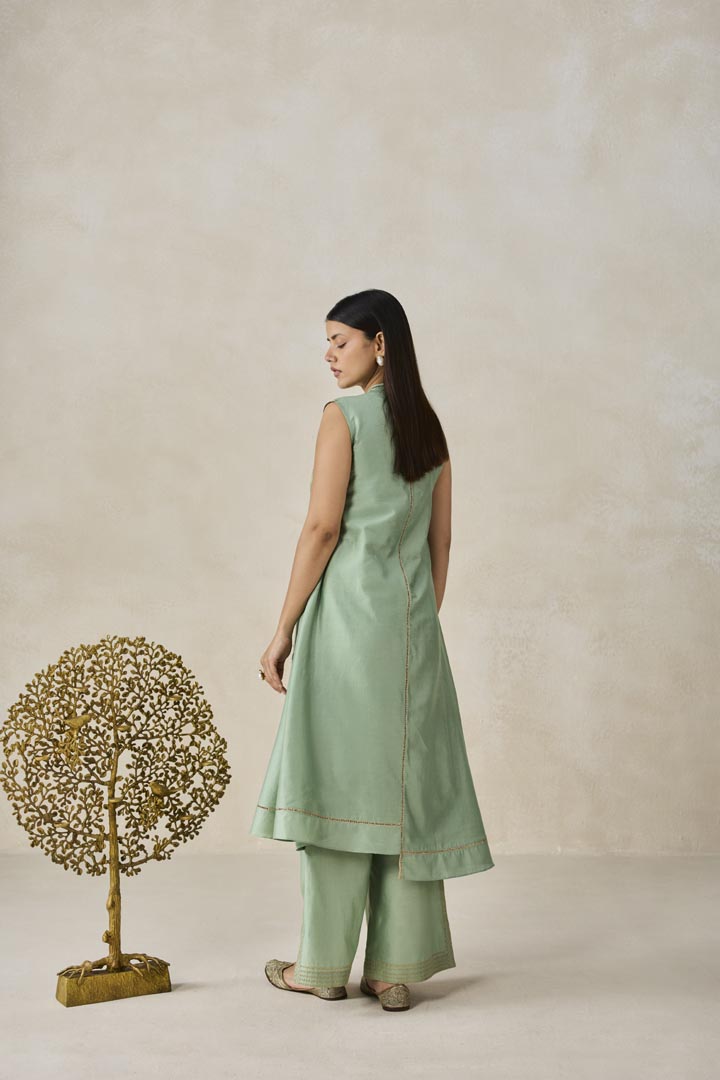 Sage Green Chanderi Applique Work Kurta Set for Festive Wear