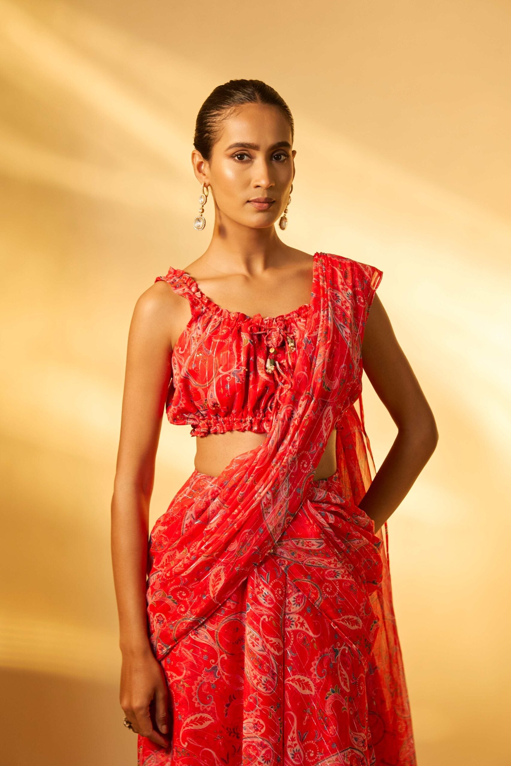 RED PAISLEY PRINTED DRAPE SAREE SET