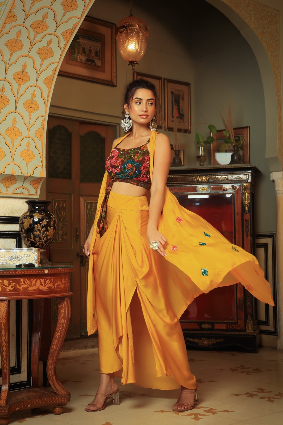 Image of Dilruba coco brown yellow rangeen sitara tie up top with drape skirt cape set