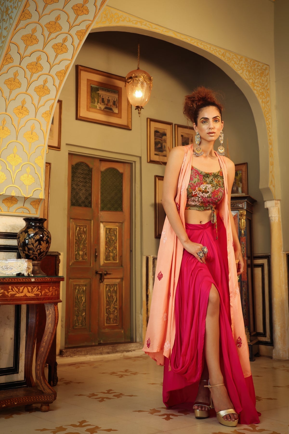 Image of Dilruba sage green peach hot pink rangeen sitara tie up top with drape skirt and cape set