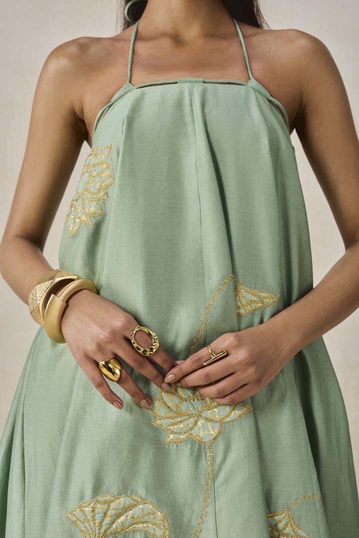 Sage Green Chanderi Offshoulder Kurta Set - Elegant Festive Wear