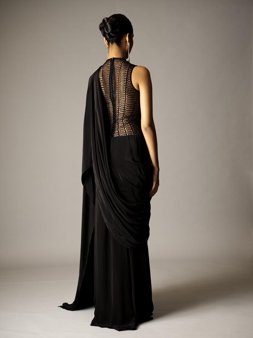 Black round neck  saree gown with pre-drape & cuttdana embellishment all over.