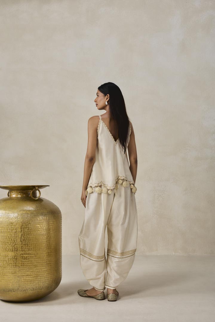 Ivory Chanderi Applique Strappy Short Top and Palazzo Set