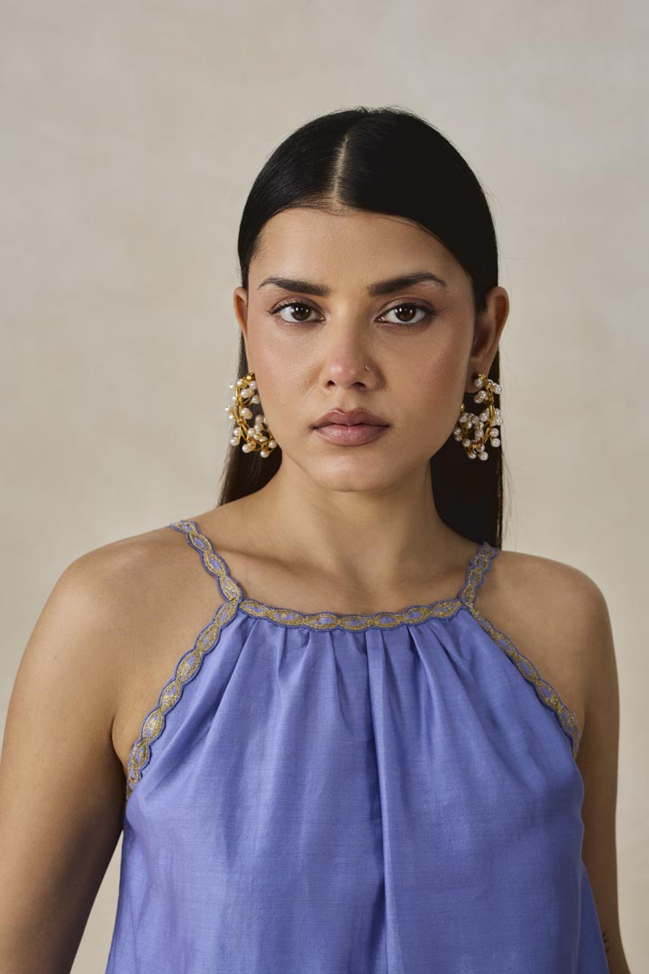 Ink Blue Chanderi Applique Strappy Top & Palazzo Set