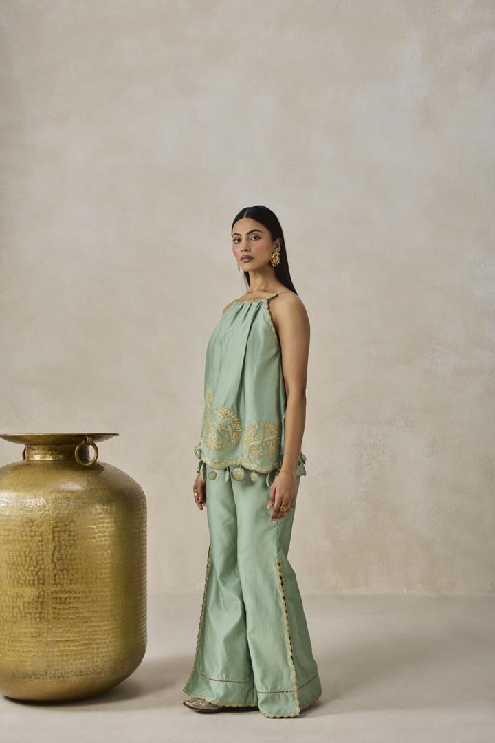 Sage Green Chanderi Applique Embroidery Strappy Co-ord Set