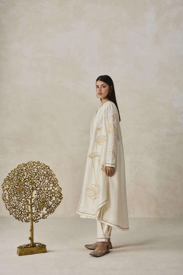 Ivory Chanderi Jacket Style Kurta Set with Narrative Embroidery