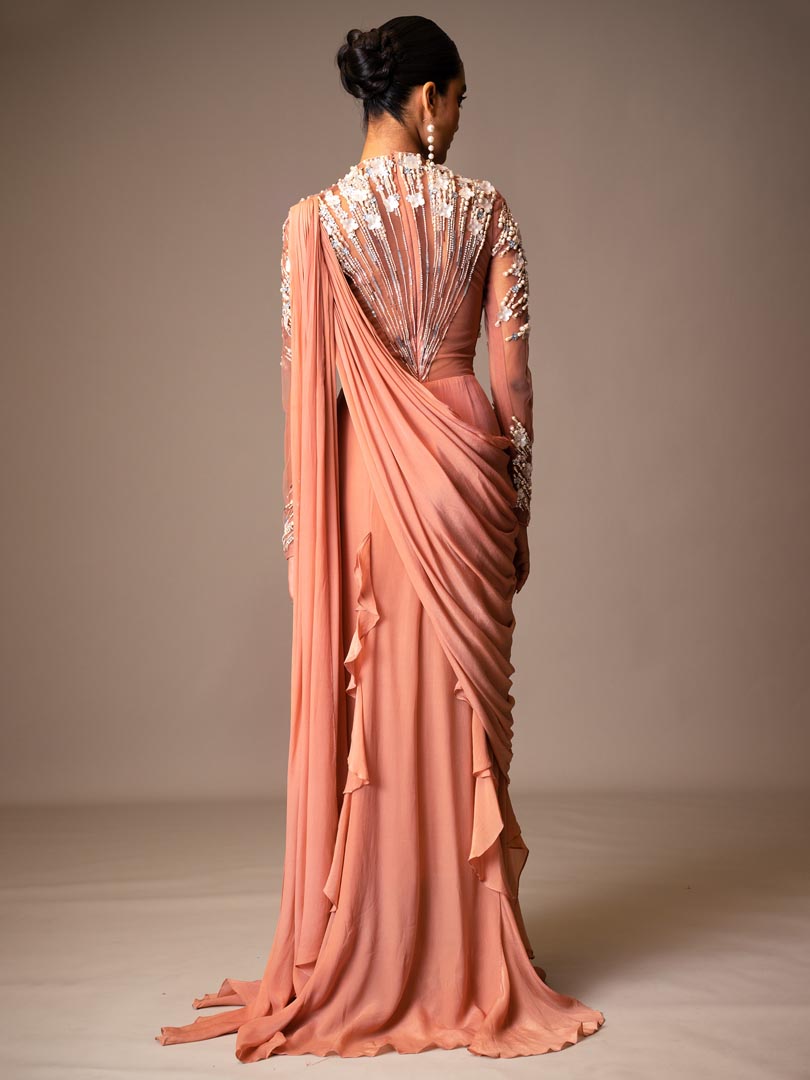 Rust Embroidered Gown
 Saree With Ruffles