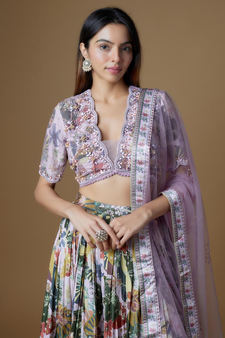 Lilac Crepe FLoral Printed Lehenga Set