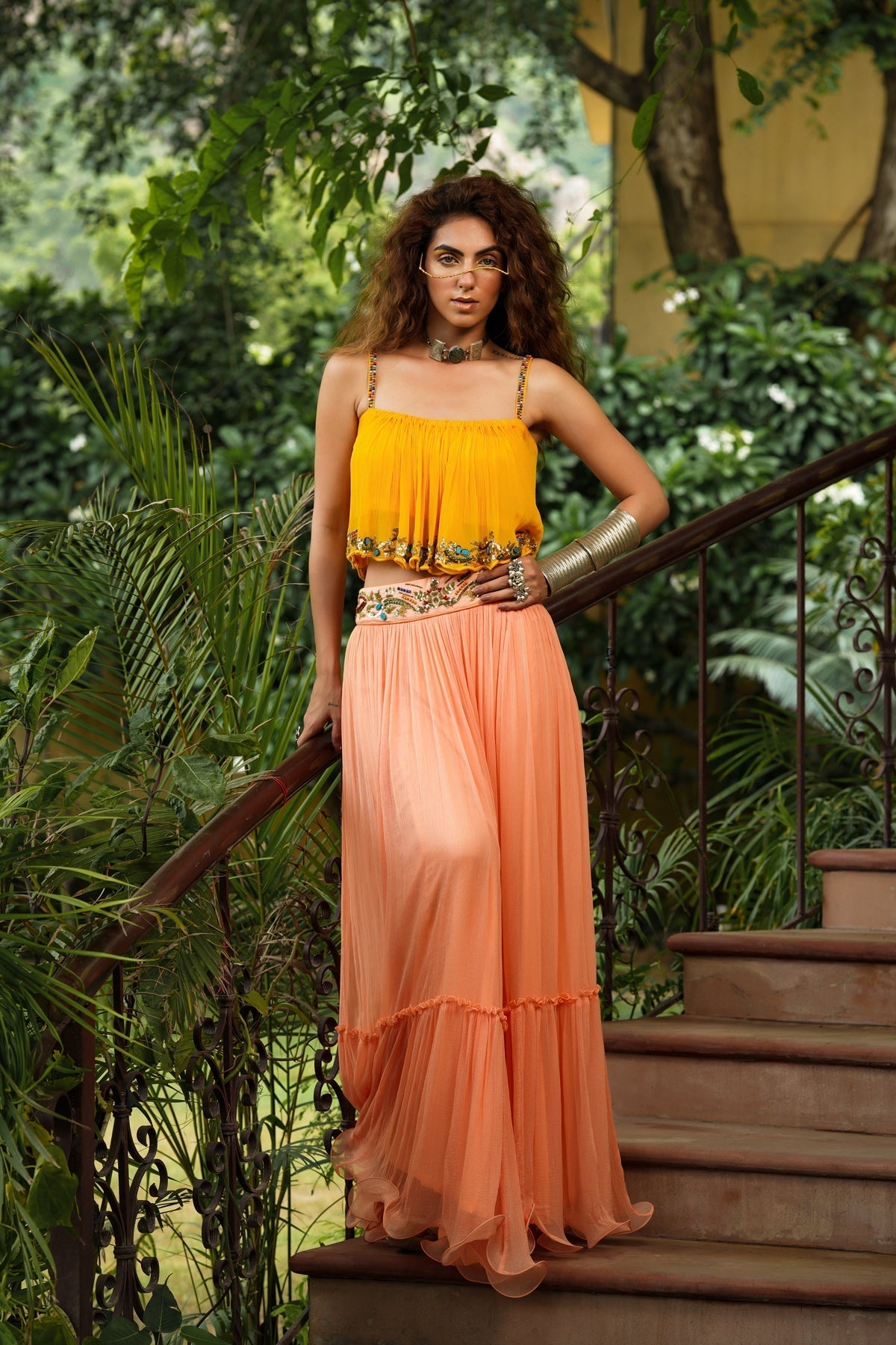 Image of Dilruba marigold boho top with peach skirt