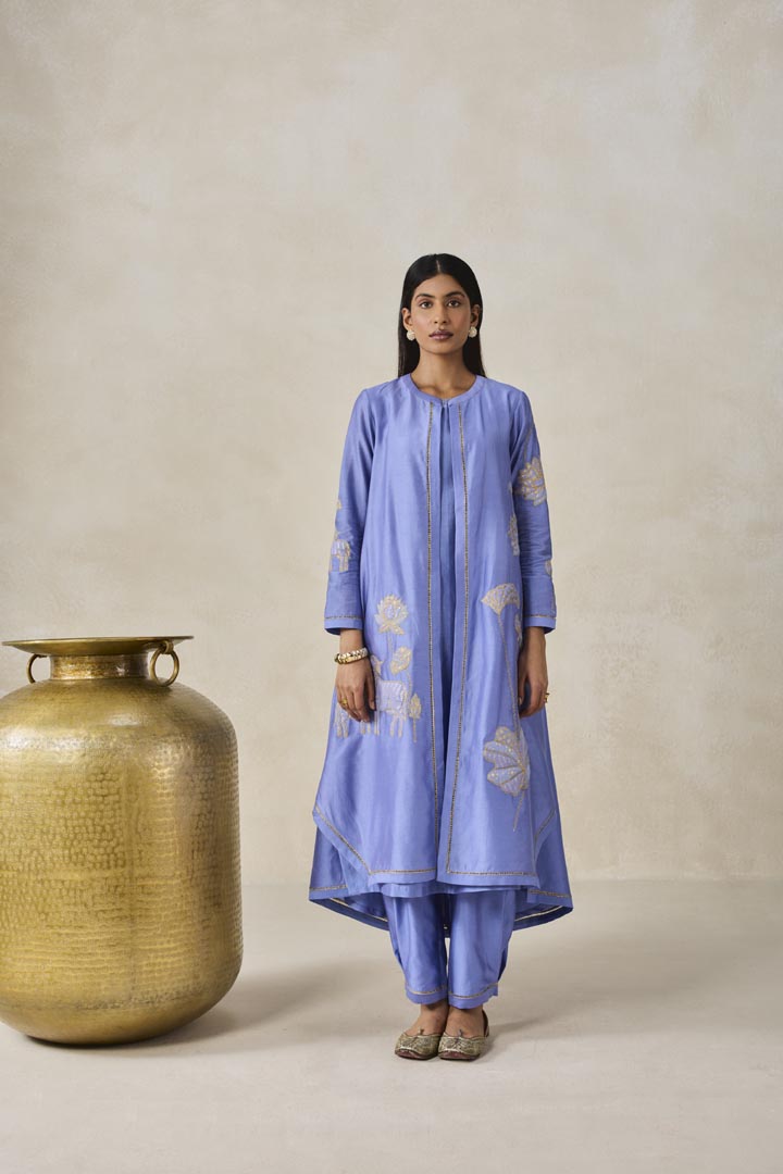 Ink Blue Chanderi Jacket Style Kurta Pant Set for Occasions